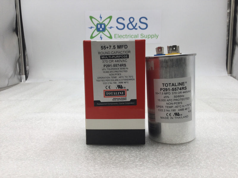 Totaline P291-5574RS 55+7.5 MFD +/- 5% 370/440 VAC 50/60Hz Round Capacitor