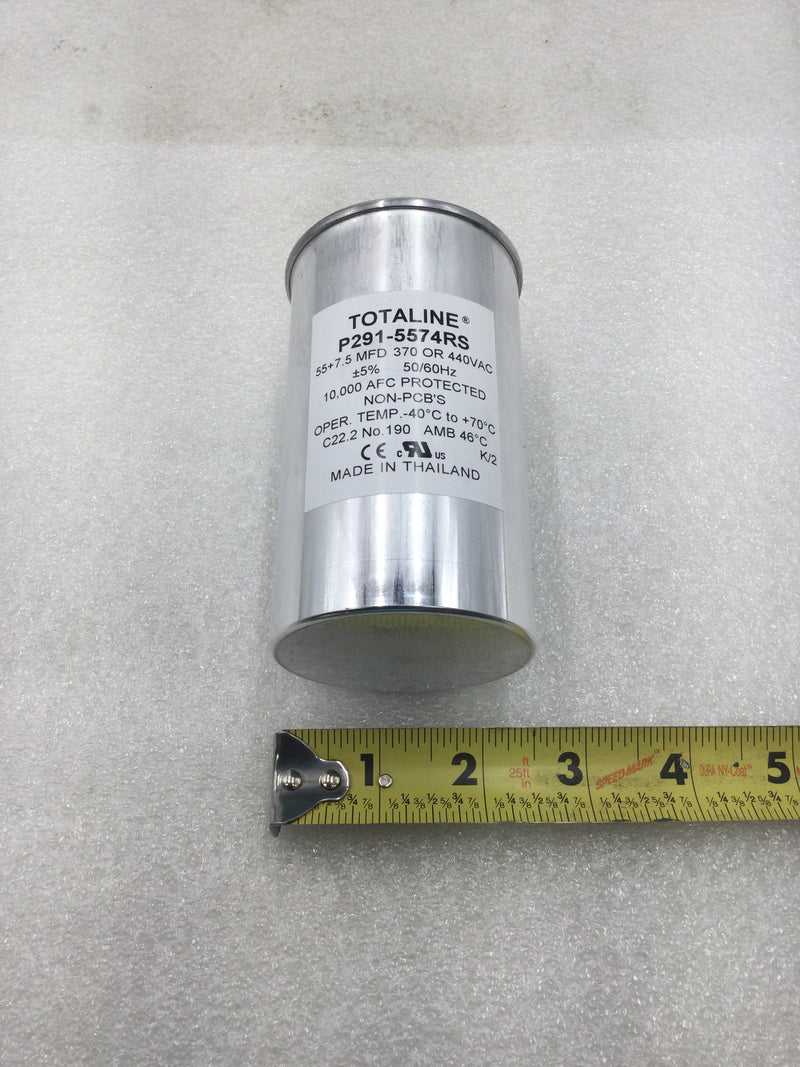 Totaline P291-5574RS 55+7.5 MFD +/- 5% 370/440 VAC 50/60Hz Round Capacitor