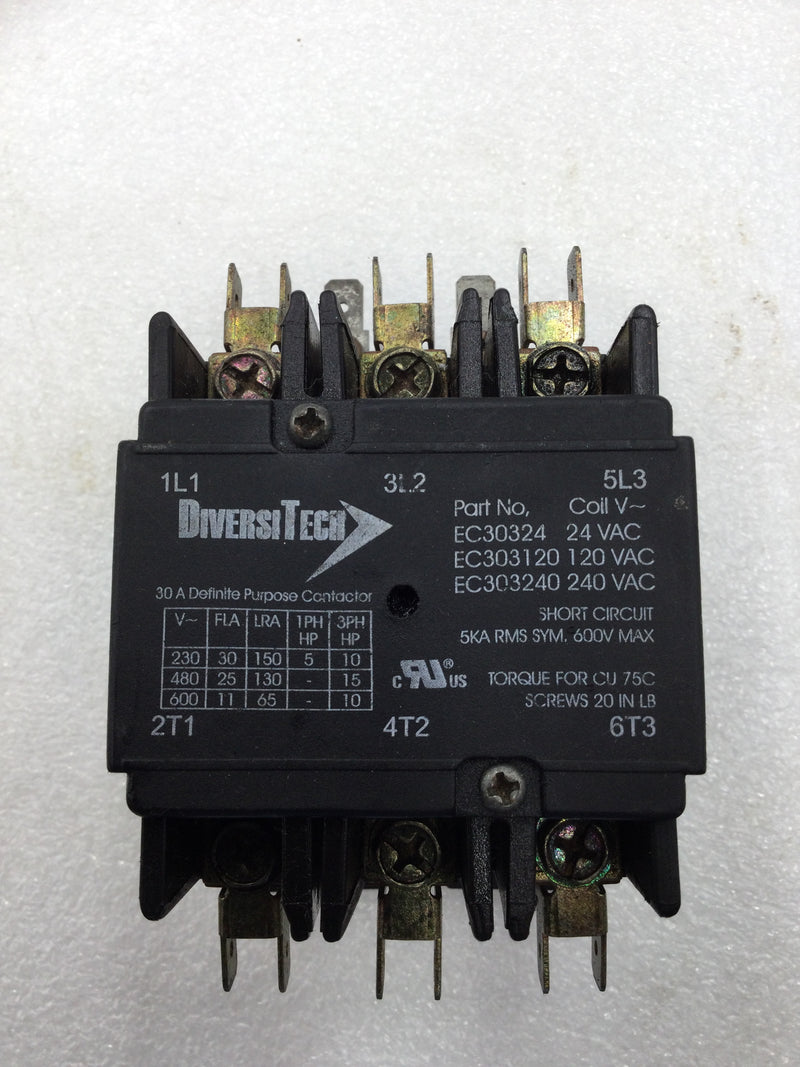 DiversiTech EC30324 30 Amp 3 Pole 230-600 VAC 10-15HP Contactor with 24 VAC Coil