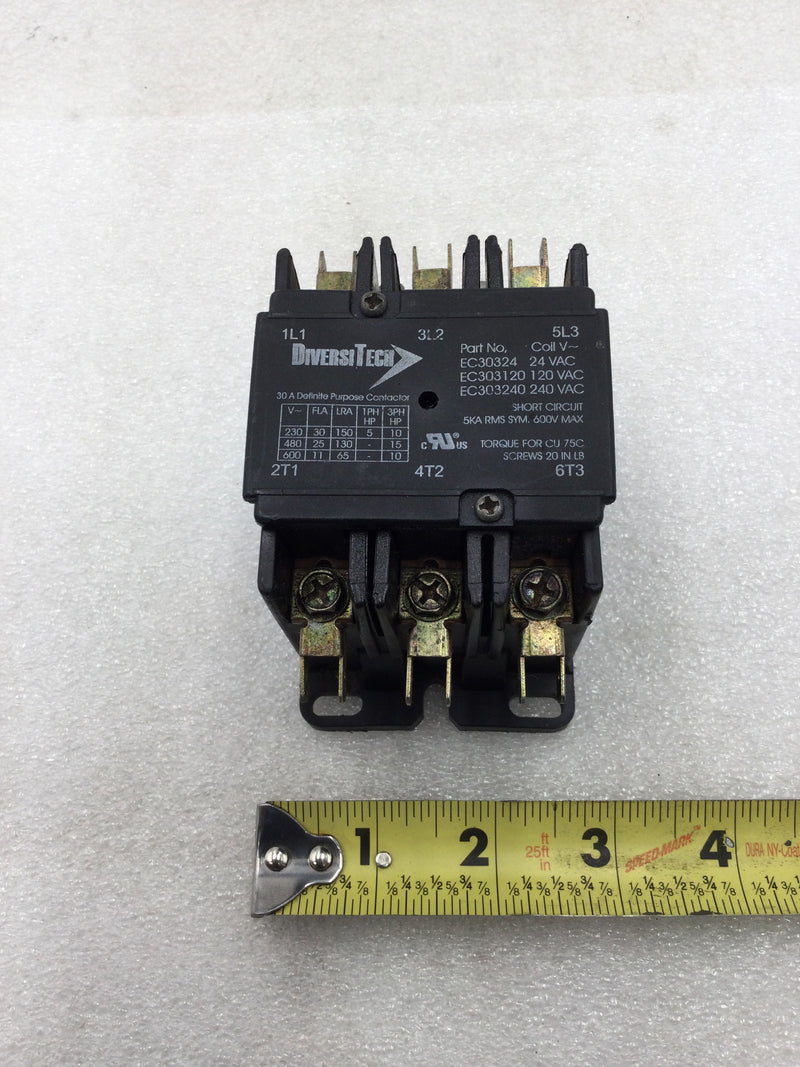 DiversiTech EC30324 30 Amp 3 Pole 230-600 VAC 10-15HP Contactor with 24 VAC Coil