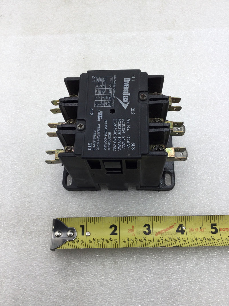 DiversiTech EC30324 30 Amp 3 Pole 230-600 VAC 10-15HP Contactor with 24 VAC Coil