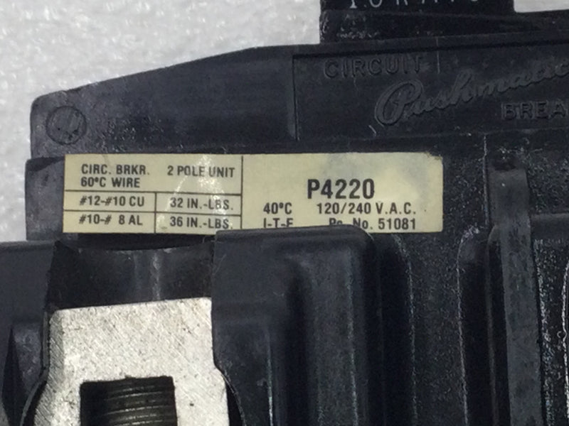 ITE/Pushmatic P4220 20 Amp 2 Pole 120/240V Circuit Breaker