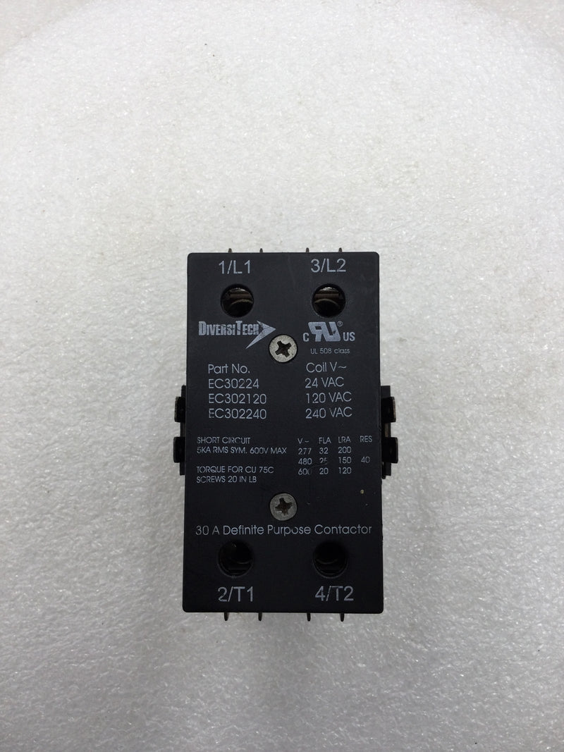 DiversiTech EC30224 30 Amp 2 Pole 277-600 VAC Contactor with 24 VAC Coil