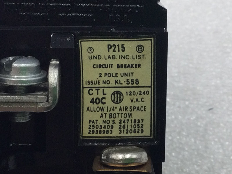 ITE/Pushmatic/Bulldog P215/31215 15 Amp 2 Pole 120/240V Circuit Breaker