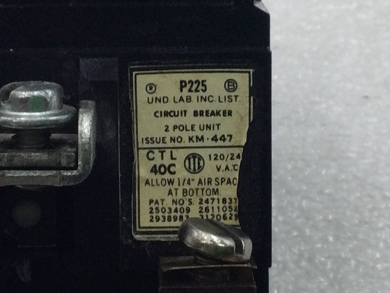 Pushmatic/Bulldog P225/31225 25 Amp 2 pole 240V Circuit Breaker - Cosmetic Flaw