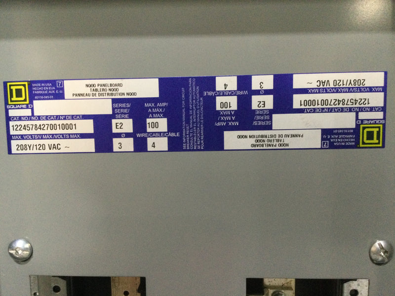 Square D 100 Amp 208Y/120V 3 Phase 4 Wire Series E2 NQOD Panelboard 41" x 20"