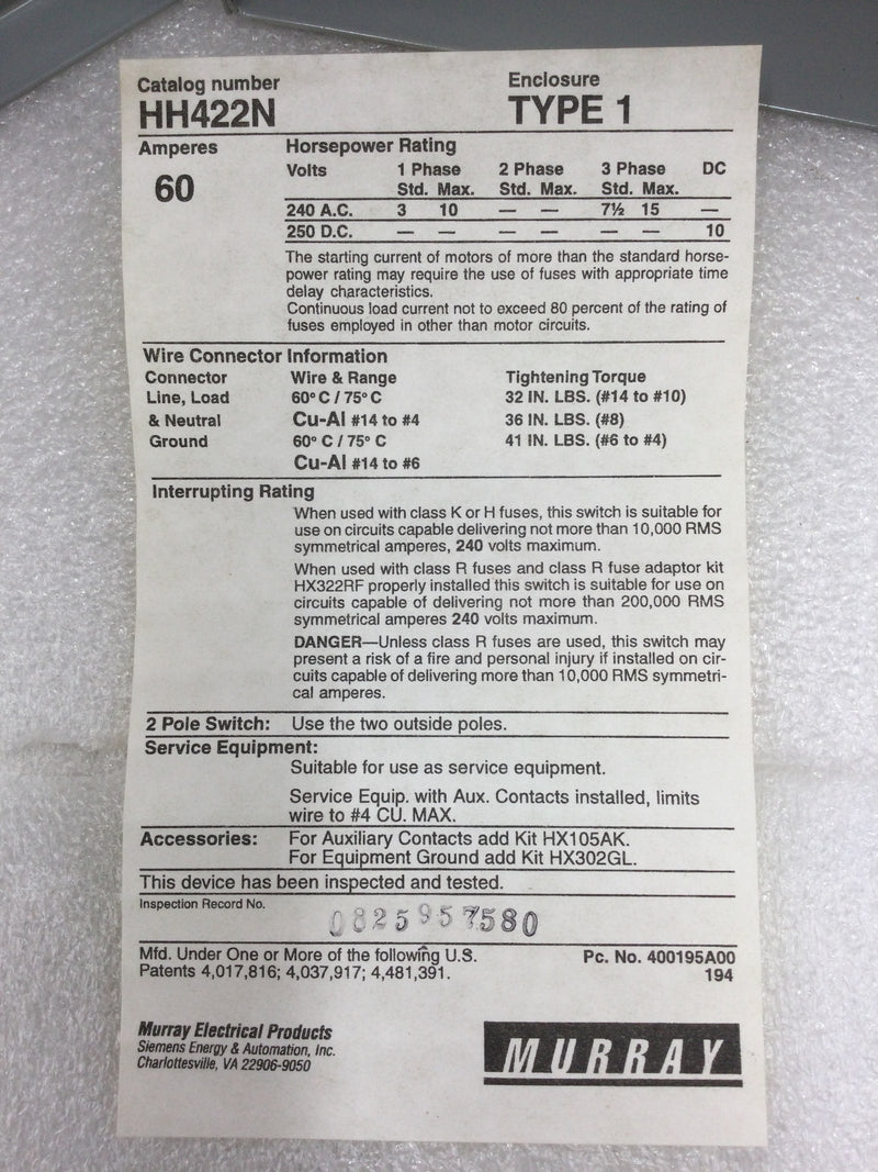 Murray HH422N Type 1 60 Amp 240v 3 Pole Fusible Disconnect Switch