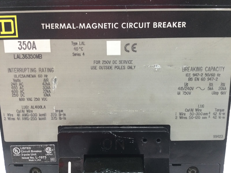 Square D LAL36350MB 350 Amp 600V 3 Pole Thermal Magnetic Circuit Breaker