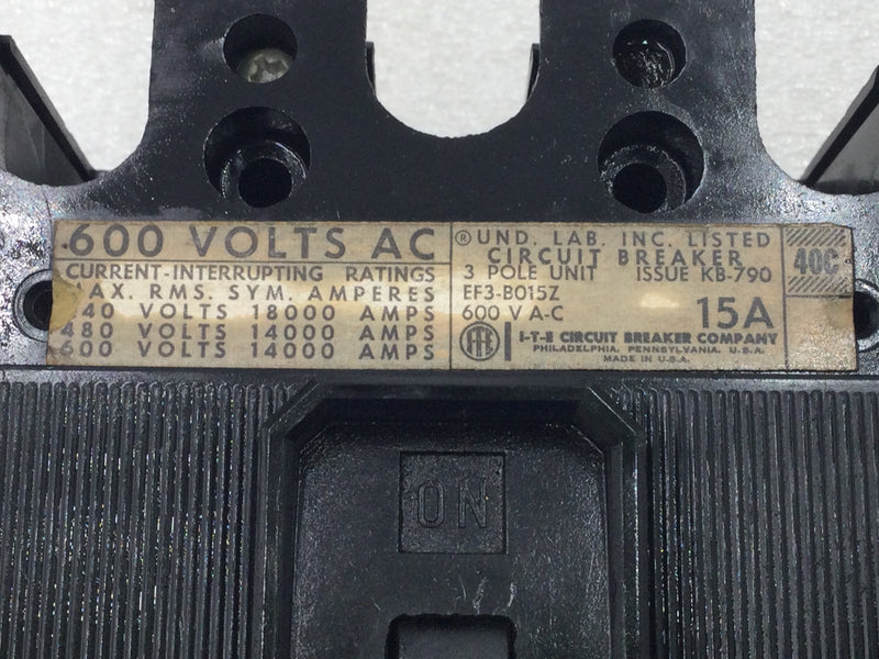 ITE EF3-B015Z 15 Amp 3 Pole 600V Molded Circuit Breaker - Cosmetic Flaw