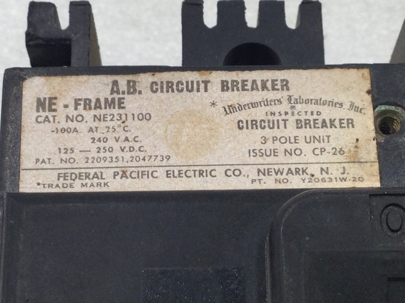 Federal Pacific NE231100 100 Amp 3 Pole 120/240V Circuit Breaker - Cosmetic Flaw