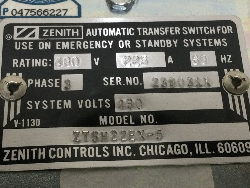 Zenith ZTSH22EX-5 225 Amp 480V 60Hz 3 Phase Automatic Transfer Switch Guts Only