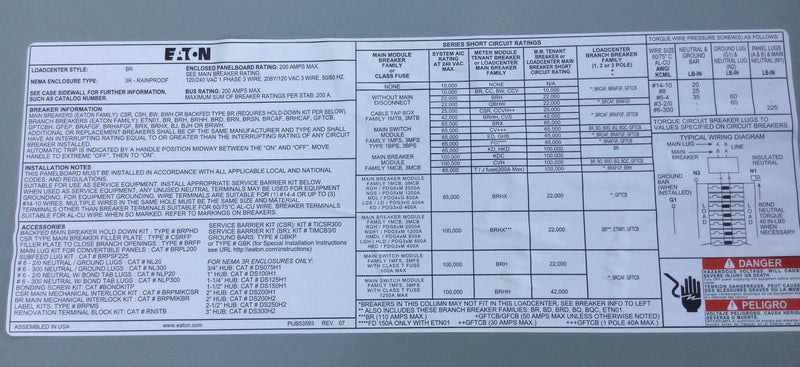 Eaton BR/FPCL200A-20' 200 Amp 1 Phase 120/240V 20' Load center/Meter Power Pole