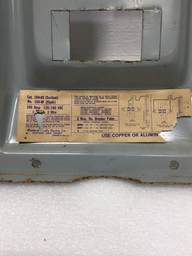 FPE 104-8S/F 100 Amp 4-8 Space 120/240V Load Center Cover Only 12 5/8" x 8 3/4"