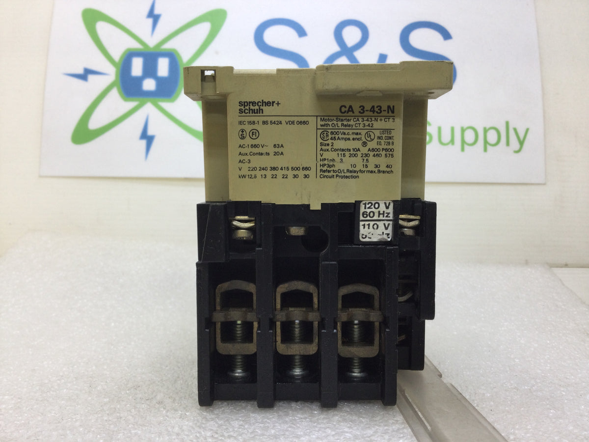 パワーコンタクタ AC-3 12 A 5. kW / 400 V 2 NO + NC AC 110 50 Hz 120 60 プラグ Sprecher & Schuh CA3-43-N-11 45 Amp 220-600 VAC 3 Pole Motor Starter with  CT3-42 Overload Relay and 120 VAC Coil 