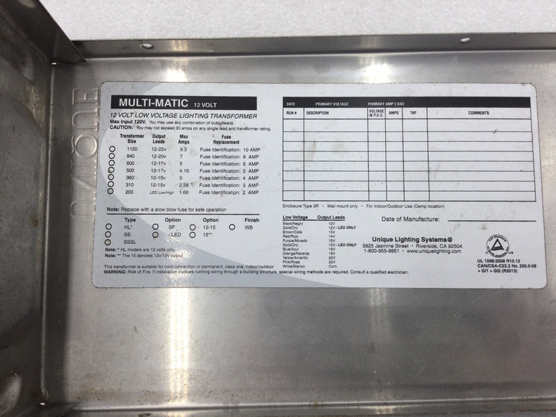 Unique Lighting 200 Watt LED Lighting Transformer 120 VAC Primary LED Low and LED High Secondary Outputs