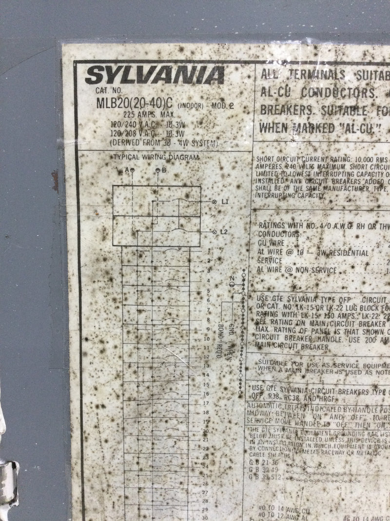 GTE Sylvania MLB20(20-40)C 225 Amp 20 Space 240V Panel Door 30 1/8" x 13 1/4"