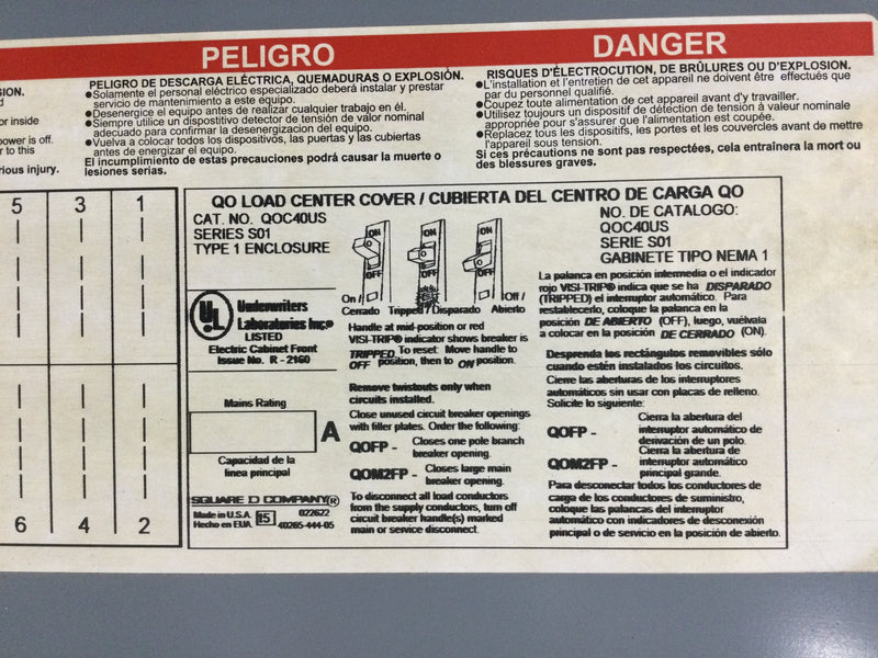 Square D QOC40US 40 Space 120/240V Panel/Door Only w/Main 33 3/4" x 14 1/4"