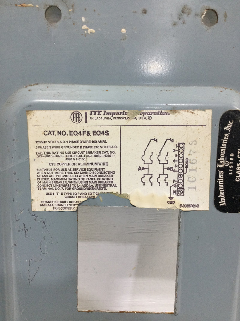 ITE EQ4F/S 100 Amp 4 Space 120/240V Dead Front Only 13 7/8" x 7 7/8"