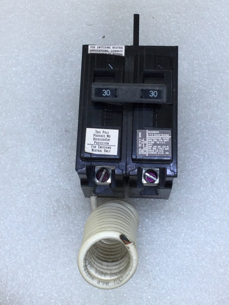 ITE/Siemens BG2B030 30 Amp 2 Pole 120V Switched Neutral Bolt-On Breaker