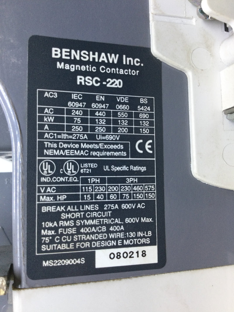 Benshaw RSC-220 3 Pole Magnetic Contactor 150 HP 460 Volt