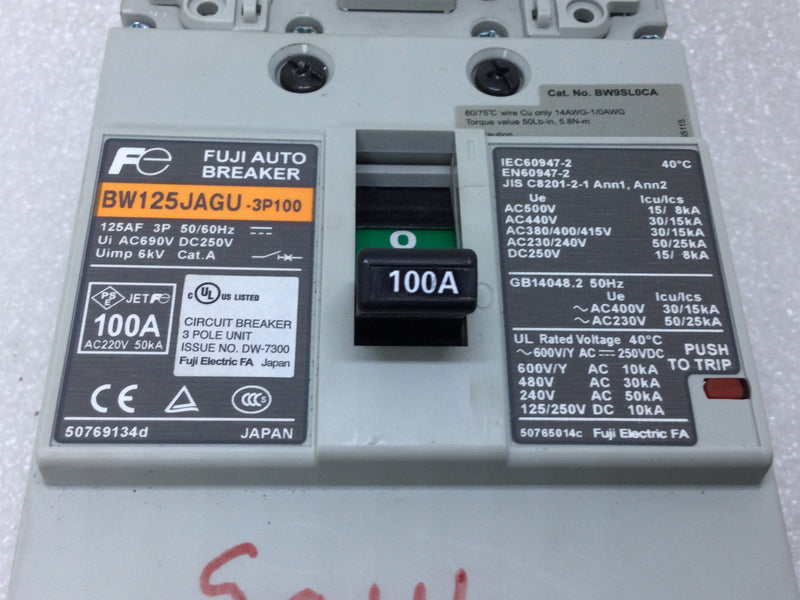 FUJI Auto Breaker BW125JAGU-3P100 Circuit Breaker 100 Amp AC690V DC250V 50/60Hz 3-Pole Unit