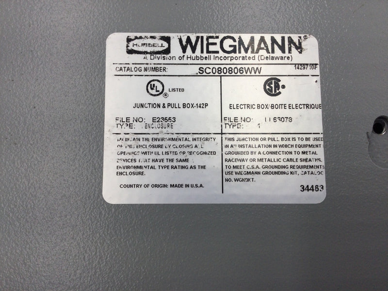 Hubbell-Wiegmann SC080806WW 8" x 8" x 6" Nema 1 Screw Cover Type Pull/Junction Box (New)