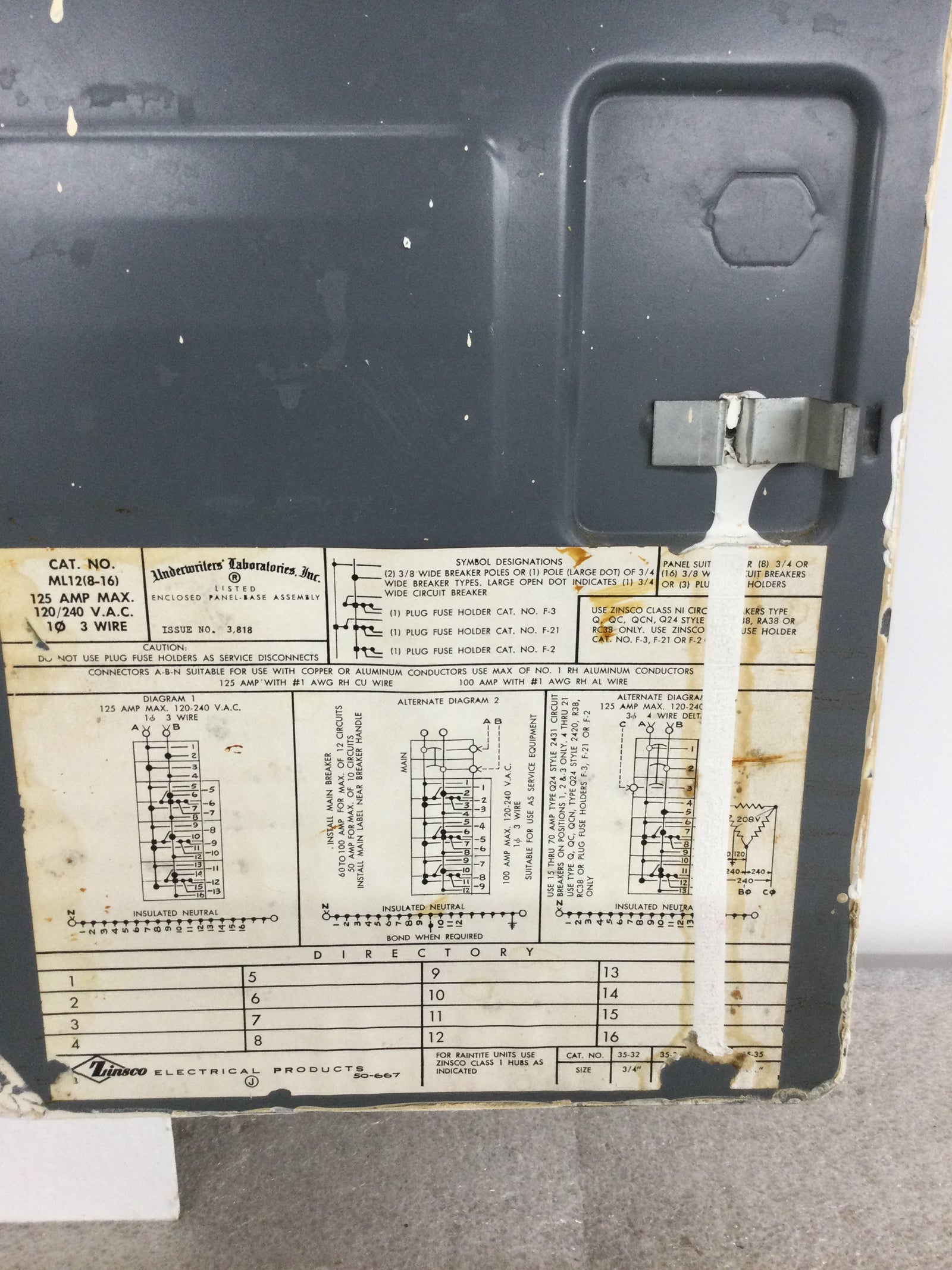 Zinsco ML12(816) 125 Amps 240vac 816 Spaces Panel Cover 15 1/4" x 11