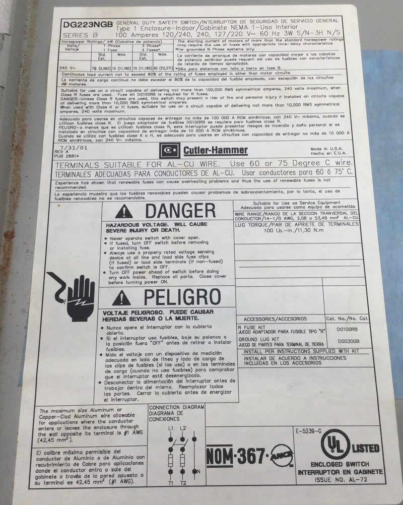 Cutler-Hammer DG223NGB 100 Amp 2 Pole 120/240V Fused General Duty Safety Switch