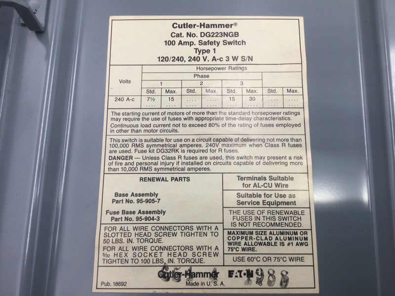 Cutler-Hammer DG223NGB 100 Amp 2 Pole 120/240V Fused General Duty Safety Switch