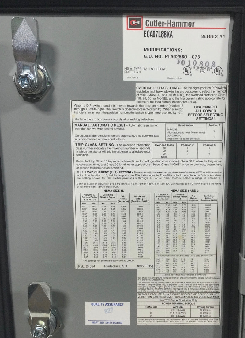 Cutler-Hammer ECA07L8BKA 1HP 3 Pole 120/240V Enclosed Contactor/Starter