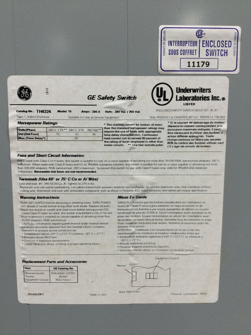 General Electric TH4324 200A 240V Fusible Heavy Duty Safety Switch 31 5/8" x 13"