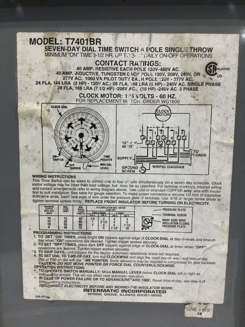 Intermatic T7401BR 40A 4P 120/480V Seven-Day Dial Time Switch 12 7/8" x 8 5/8"