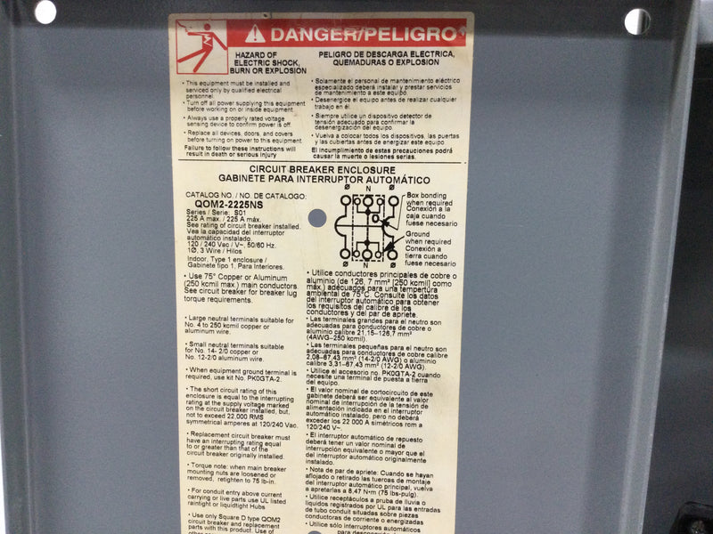 Square D QOM2-2225NS 2 Pole 225 Amp 120/240 VAC Circuit Breaker Enclosure
