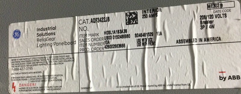 GE/General Electric AQF3422JB 250 Amp 600V 3P/4WA 42 Space Main Panelboard