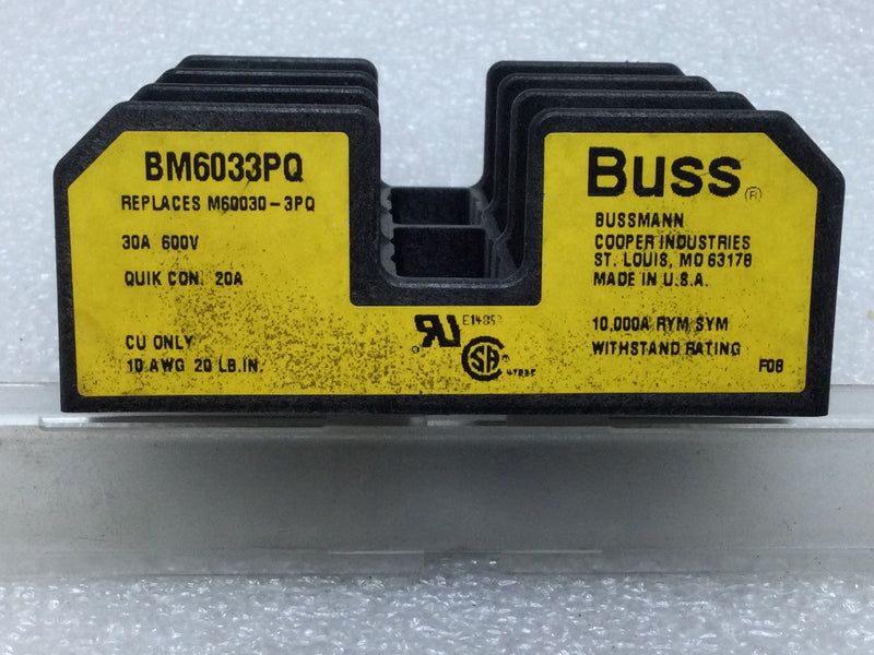 Bussmann/Cooper BM6033PQ Fuse Holder 30A 600V Quick Connect 20A 3-Pole