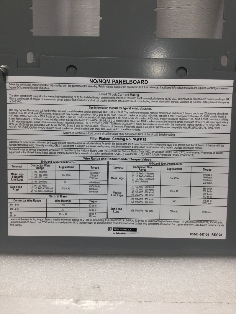 Square D NQ430L2C 225 Amp 30 Space 240V Interior Panelboard 27 3/4" x 12 3/4"