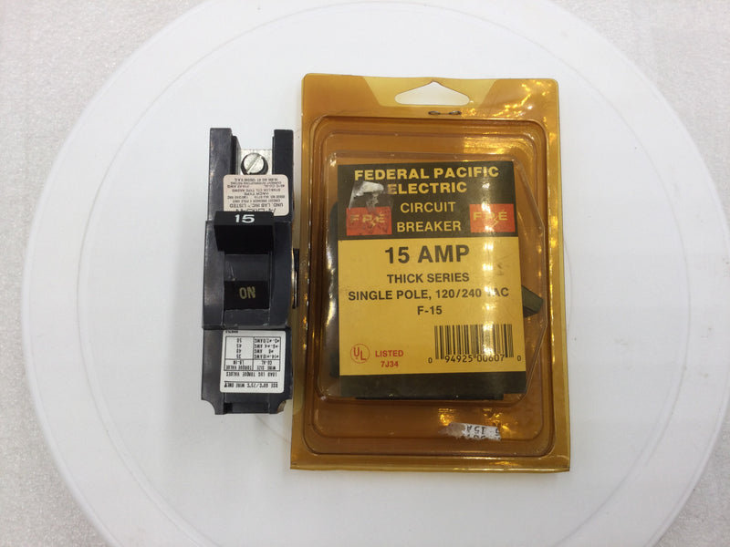 FPE Federal Pacific F-15 15 Amp 1 Pole 120/240v Thick Series Circuit Breaker