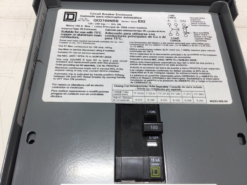 Square D QO2100NRB 100 Amp 1-Phase 240V Breaker-Disconnect