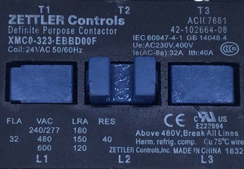 Zettler Controls XMC0-323-EBBD00F 40 Amp 3 Pole 600V Contactor Coil