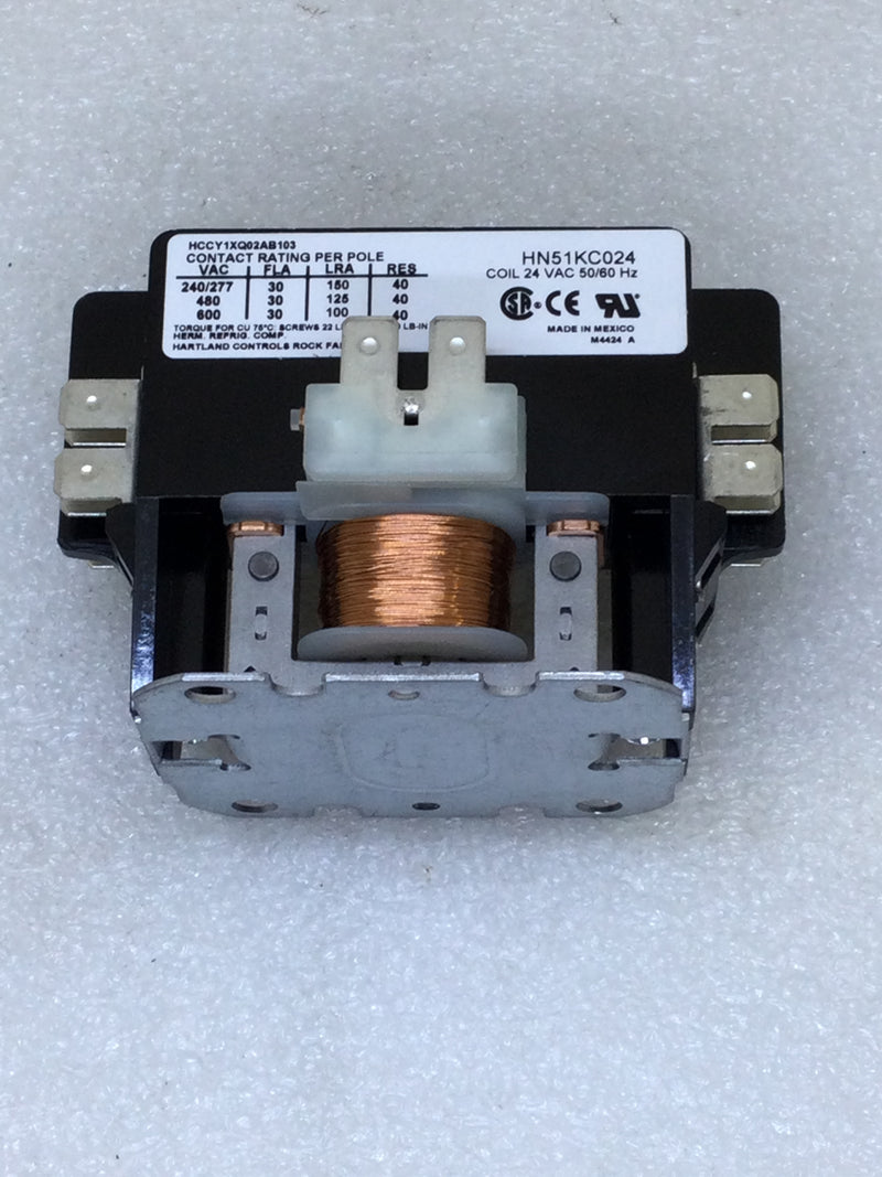 Hartland Controls HN51KC024 30 Amp 2 Pole 240-600 VAC Contactor w/24 VAC Coil