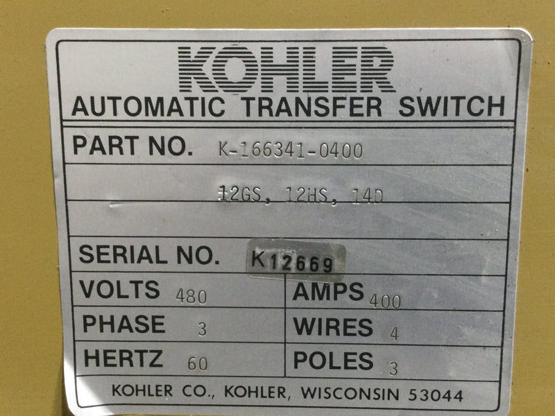 Kohler K-166341-0400 12GS, 12HS, 140 400 Amp 480V 3 Phase 4 Wire 60HZ Automatic Transfer Switch