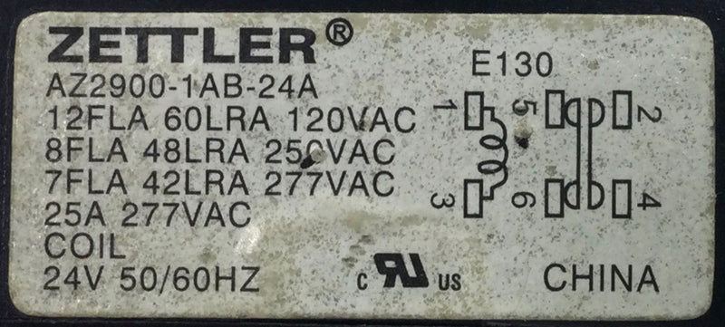 Zettler Controls AZ2900-1AB-24A 25 Amp 277V 50/60Hz 12FLA 60LRA Relay Coil
