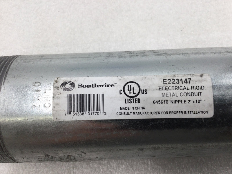 Southwire 645610 Topaz UPC 2" X 10" Rigid NPT Threaded Conduit Nipple