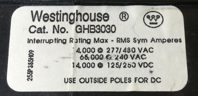 Westinghouse GHB3030 30 Amp 3 Pole 277/480V Bolt on Circuit Breaker