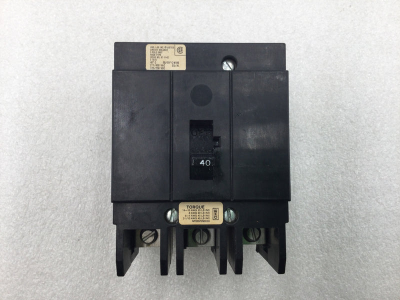 Eaton/Cutler/Westinghouse GHB3040 40 Amp 3 Pole 277/480V Circuit Breaker