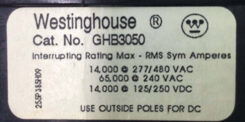 Westinghouse GHB3050 50 Amp 3 Pole 277/480V Circuit Breaker