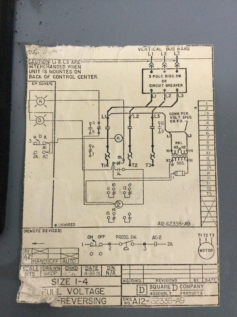 Square D 8998-EC401-B 3 Phase Motor Control Unit in 8536 Type S Center Bucket Box 14" X 17"