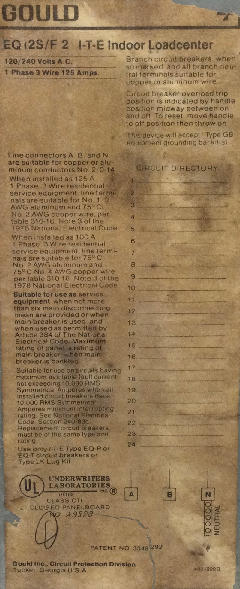 Gould EQ12S/F 125 Amp 24 Space 1PH 3W 240V Load Center Cover 14 7/8" x 12 1/2"