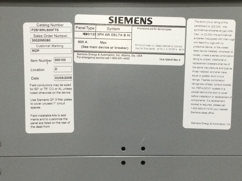 Siemens P2B18ML600FTS 600 Amp 3 Phase 4 Wire Delta B HI Nema 3R Enclosure 63" x 20" x 5.75"