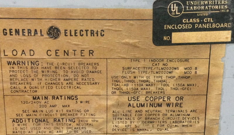 GE TLM2020WS/F 200 Amp 40 Space 120/240V Panel Door 31 3/4" x 15 3/8" - Flawed